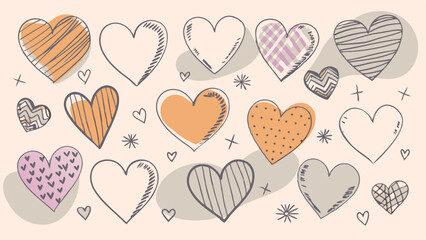 Collection of hand drawn hearts with various patterns and colors on a light background