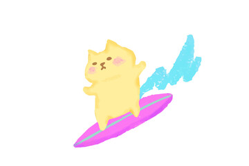 サーフィンを楽しむ猫のかわいい水彩イラスト