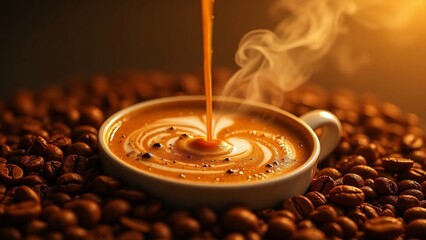 Pouring coffee into a cup surrounded by coffee beans with steam rising up