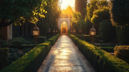 Obraz premium Sunlit garden path, archway, lush greenery