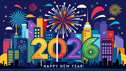 Happy new year 2026 celebration with city skyline and fireworks display