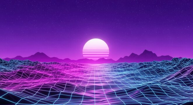 Retro Futuristic Ocean Sunset With Neon Grid And Distant Mountains Under Starry Sky - Powered by Adobe