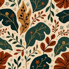 Seamless pattern with leaves and flowers in earthy tones on a light background