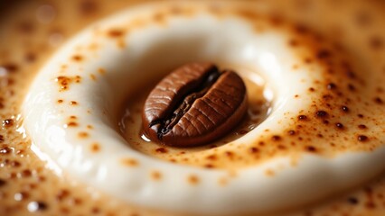 A single coffee bean resting in a pool of cream with coffee around it close up