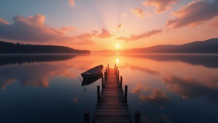 Sunset over a calm lake with a boat and a wooden pier in the foreground