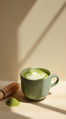 Close up of matcha latte with latte art and whisk on a light colored surface