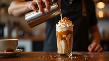 Bartender pouring drink into glass with whipped cream and caramel drizzle