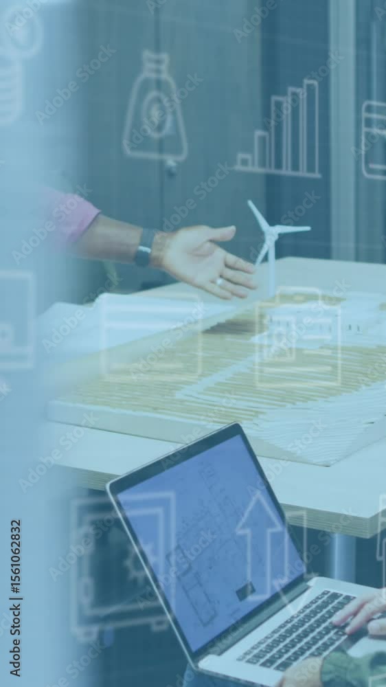 Aufkleber animation of data processing and icons over diverse business people working in office