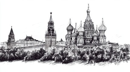 Linear Drawing of Famous City Buildings and Monuments on White Background