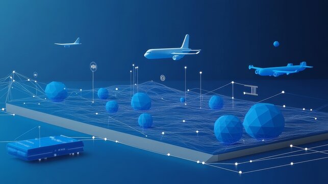 illustration digital map  flight radar air plane in blue digital light