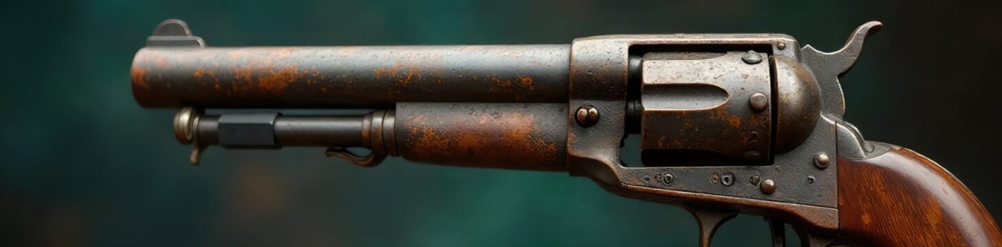 Close-up shot of a rusty, old-fashioned firearm, its barrel pointed away, signifying the threat of outdated yet still dangerous weaponry , history, deactivated, hammer