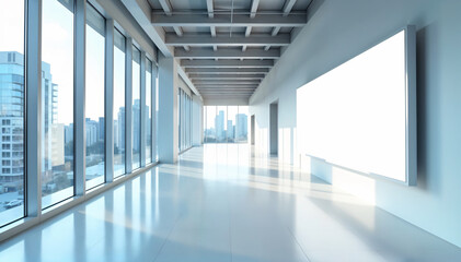 Blank digital advertising billboard display in shopping mall with blurred background of people and shops, concept for business promotion.