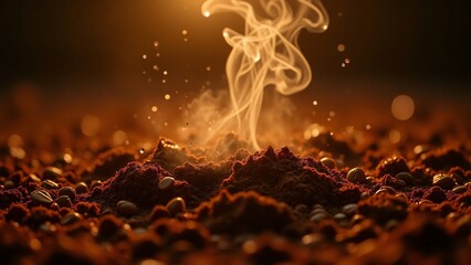 Close up of coffee beans and ground with rising smoke in warm lighting
