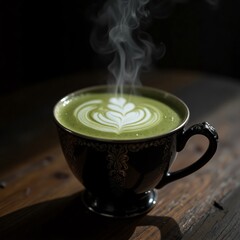 Steaming matcha latte with latte art in an ornate cup on a wooden surface