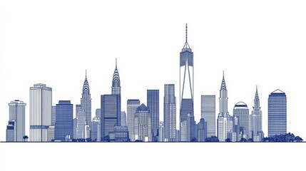 Blue Line Art Drawing of City Skyline with Iconic Landmarks