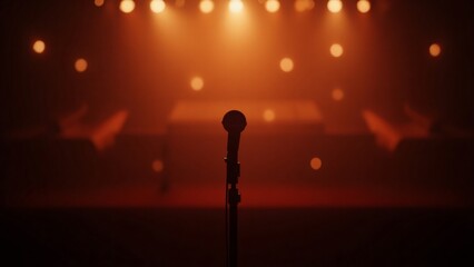 A microphone stands on a stage bathed in warm orange light with bokeh lights