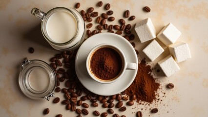 Overhead view of coffee with milk, marshmallows, and coffee beans scattered