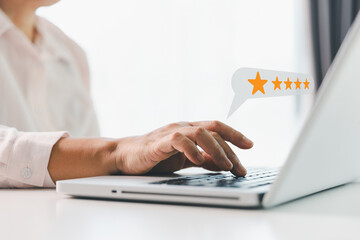 Customer or client with stars to complete five stars. Product or service review ideas from customer, reviews from customer and service of store to express satisfaction, increase credibility of store.