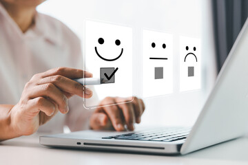 Customer service evaluation concept. Client feedback from marketing survey excellent service and quality satisfaction, customers can evaluate quality of service leading to business reputation rating.