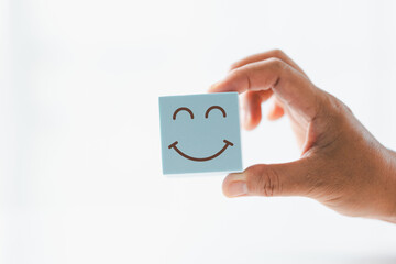 Client show feedback, smiley face sign. Service rating, satisfaction concept. happy smile face,...