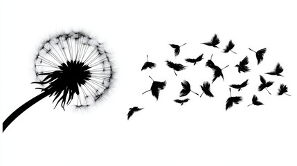 Dandelion Seeds Carried by Wind on White Canvas Background