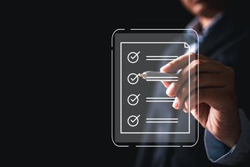 Woman using tablet, laptop futuristic digital interface icons manages checklist online quality control document management system streamlining workflow approval, advanced concept of modern efficiency