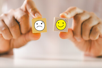 Customer showing rating with happy icon, Customer satisfaction survey concept, Positive feedback from happy client satisfaction with quality of service, marketing surveys, ratings, review, copy space