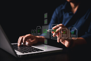 Businesswoman approving digital documents online checklist interface, embracing concept of paperless office task management, business processes, approvals are streamlined through an automated system