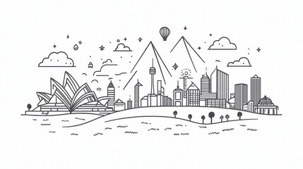 Minimalist Line Art of Iconic City Landmarks on White Background