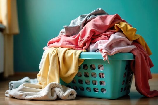 Overfilled laundry basket overflowing with wrinkled clothes, socks, and fabrics A messy pile of unwashed garments awaits cleaning Home chores, domestic life concept , linen, basket, housework