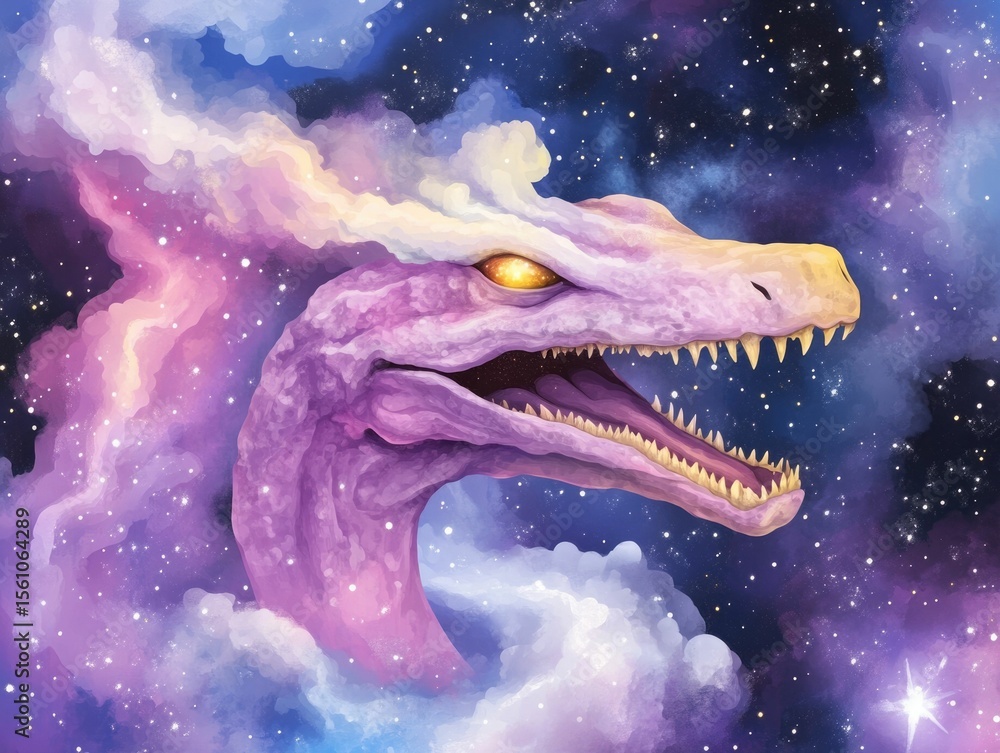 Poster cosmic monster composed of stars and galaxies floating in a surreal space painted with bold color bl