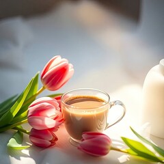A cup of coffee a nd tulips set against a blurred spring background, depicted in dynamic with  generative ai