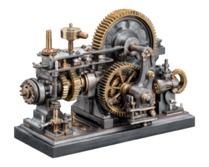 Steampunk machine gear metal brass industrial vintage mechanical isolated transparency background retro intricate design evokes curiosity and fascination