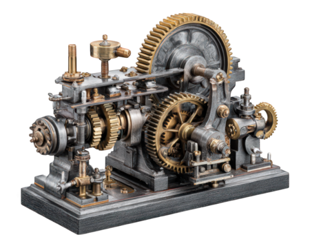 Steampunk machine gear metal brass industrial vintage mechanical isolated transparency background retro intricate design evokes curiosity and fascination