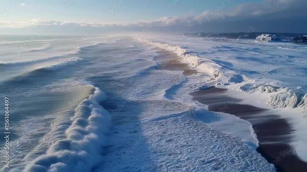 Poster frozen beach alive with crashing waves, creating mesmerizing display water.
