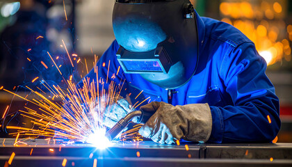 Professional welder skillfully working with metal, creating bright sparks, showcasing manufacturing and industrial expertise.