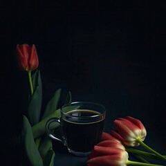 A cup of coffee a nd tulips set against a blurred spring background, depicted in dynamic with  generative ai