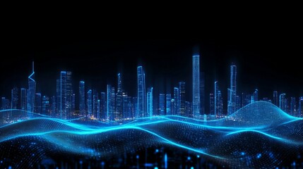 Fototapeta premium Abstract futuristic background with blue glowing waves and city skyline on a dark black background, a digital technology concept