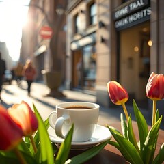 A cup of coffee a nd tulips set against a blurred spring background, depicted in dynamic with  generative ai