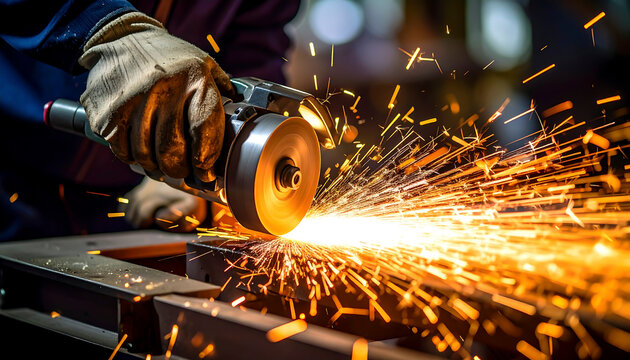 Grinding steel with an angle grinder produces bright orange sparks in a workshop, showcasing industrial work and metal craftsmanship