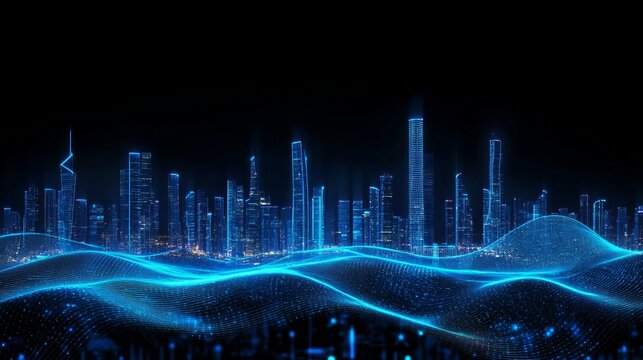 Abstract futuristic background with blue glowing waves and city skyline on a dark black background, a digital technology concept