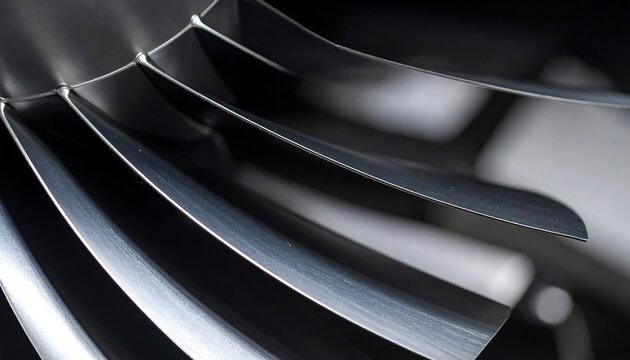 Close up of a metallic jet engine turbine showcasing its intricate blades and high precision engineering design