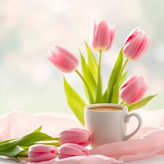 A cup of coffee a nd tulips set against a blurred spring background, depicted in dynamic with  generative ai