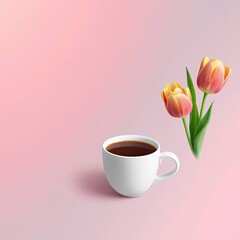 A cup of coffee a nd tulips set against a blurred spring background, depicted in dynamic with  generative ai