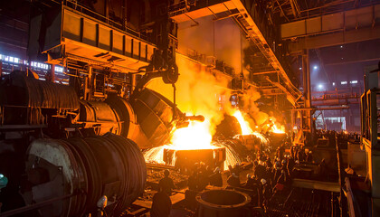 Fiery molten metal being poured at a steel mill, showcasing the intensity of industrial steel production and metallurgical processes.