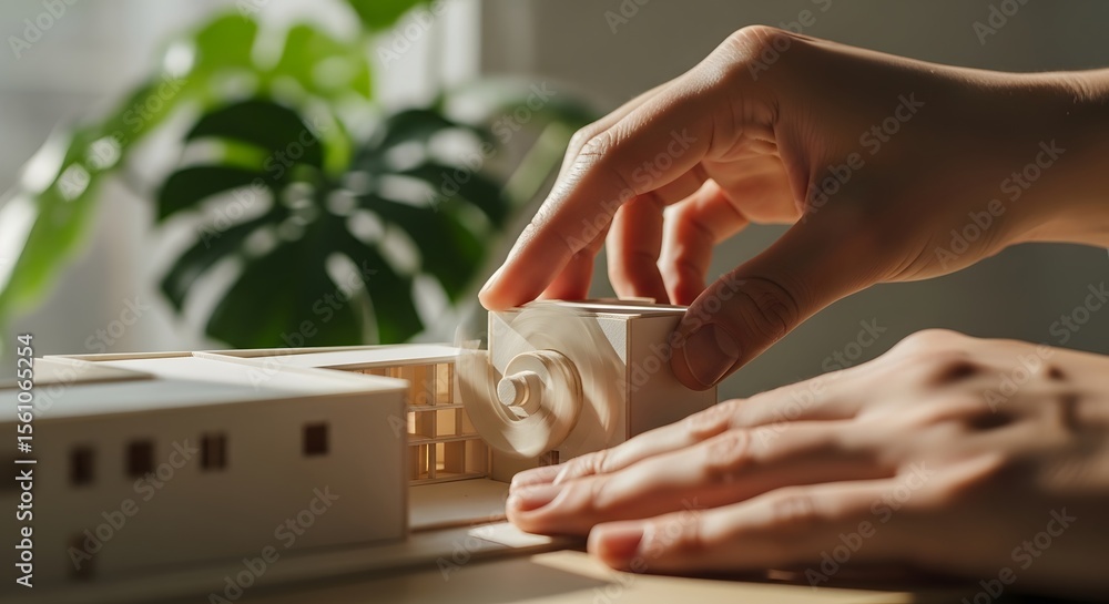 Aufkleber hands carefully assembling a miniature architectural model near a window with natural light and a gr