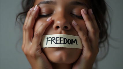 The muted voice conceptualizes the suppression of self-expression and quest for liberation.