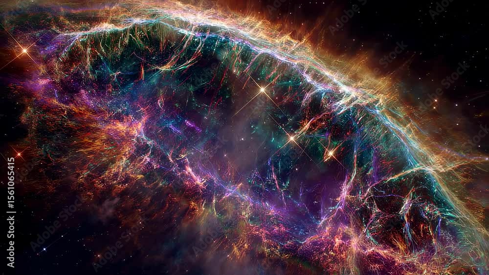 Poster a stunning celestial firework display brilliant strands of multicolored gasses lacing through the ou