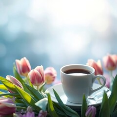 A cup of coffee a nd tulips set against a blurred spring background, depicted in dynamic with  generative ai