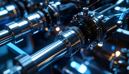 Gleaming engine components are showcased in a close-up view with a focus on metallic textures, and mechanical precision.